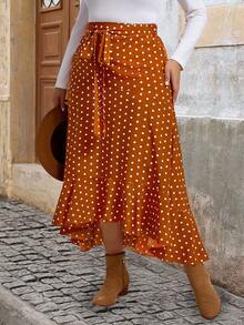 SHEIN VCAY Saia Plus Size vintage com estampa de bolinhas, amarrada na cintura, com base marrom e bolinhas brancas, perfeita para as férias de verão. - Castanho - Visão 6