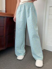 DAZY 简约格纹宽松直筒睡裤，适合秋冬季穿着 - 藍色 - 查看 6