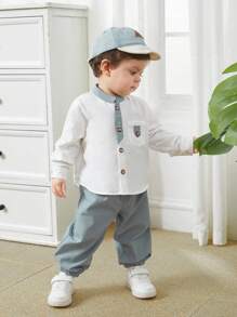 SHEIN Leap Crew Conjunto de 2 peças/conjunto de cardigan de manga comprida com gola alta e calças na altura do tornozelo para bebê menino azul e branco, roupa casual adequada para festa de aniversário, batizado, 1º aniversário, festa, apresentação, casamento