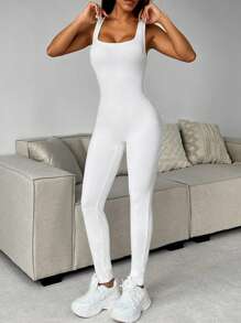 SHEIN EZwear 女士夏季純色方領無袖緊身連身褲 - 白色 - 查看 5