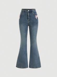 SHEIN MOD Zipper Fly Bow Decor Flare Leg Jeans - Blue - View 1