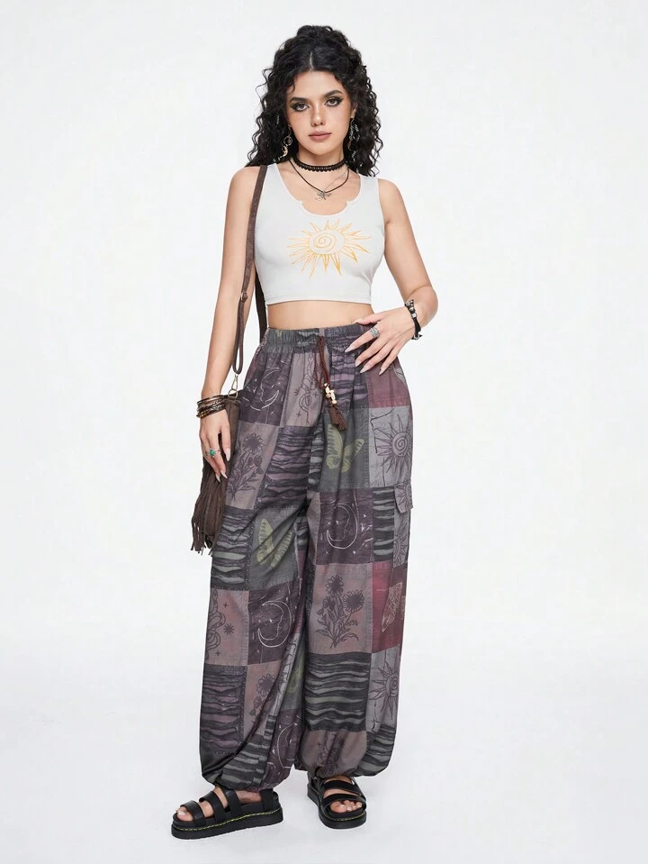 Our Hippie Women's Hippie Patchwork Allover Print Elastic