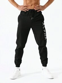 Manfinity Sport Corelite Boyfriend Style Men Letter Print Drawstring Waist Sports Pants Back To School Sweat Pants - Black - View 3