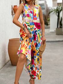 Breezaya Vestido Floral Colorido Sem Mangas com Decote em V para Mulheres