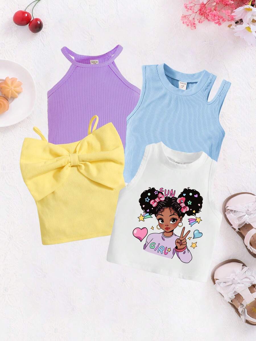 SHEIN Top de tirantes de colores pastel cómodo y casual, paquete múltiple para niñas preadolescentes - Azul - Ver 1