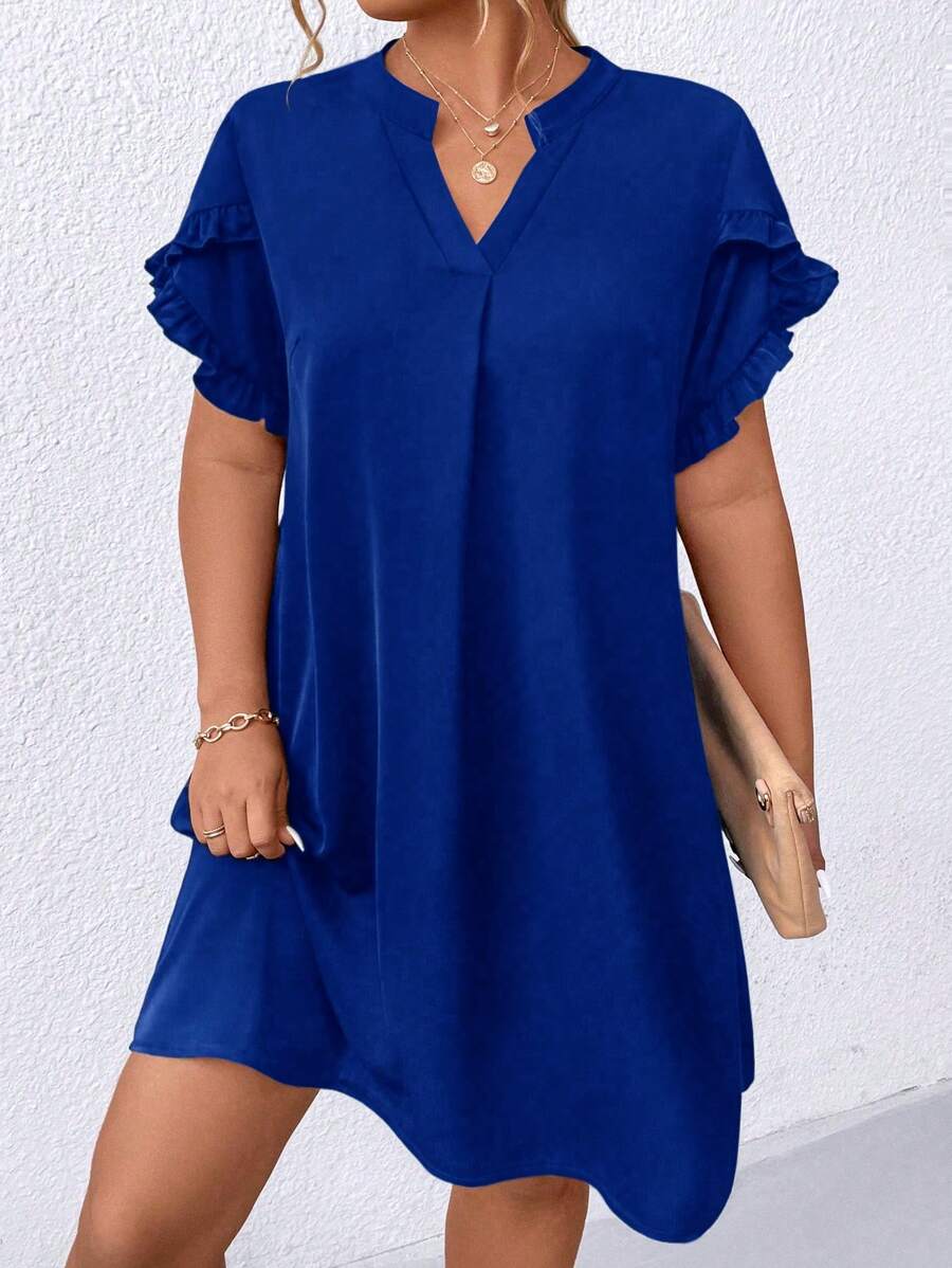 SHEIN Clasi Cộng với váy tay áo có đường viền cổ chữ V - Xanh đậm - Xem 1