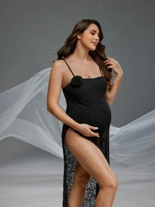 SHEIN Bodysuit Cami Berenda Motif Bunga untuk Pemotretan Ibu Hamil - Hitam - View 4