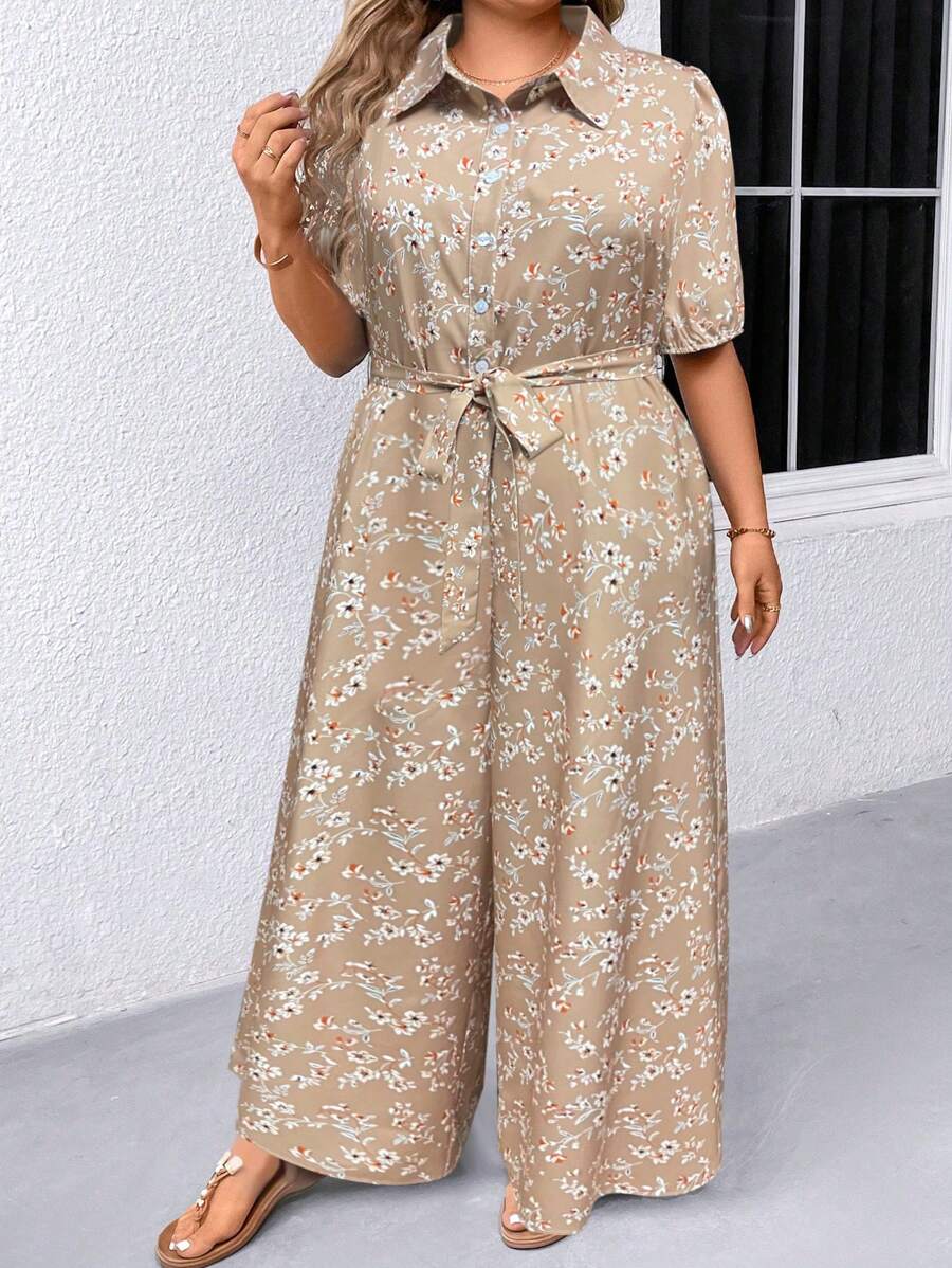 SHEIN LUNE Plus Allover Floral Print Belted Shirt Jumpsuit - Apricot - View 1