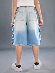 SHEIN Tween Boys' Summer Casual Cargo Pocket Washed Gradual Loose Wide Legs Bermuda Blue Denim Shorts - Light Wash - View 2