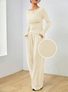 SHEIN EZwear 杏色針織修身長袖女式上衣和褲子套裝 - 杏色 - 查看 3