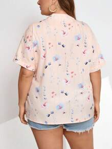 SHEIN LUNE 大尺碼女款花卉印花短袖襯衫，夏季 - 粉色 - 查看 2