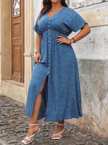 Breezaya Plus Size Boho Polka Dot Print Batwing Sleeve Dress Women Outfit, For Summer - Royal Blue - View 5
