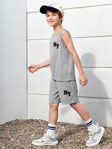 SHEIN 青少年男孩字母圖案背心和運動短褲套裝 - 淺灰色 - 查看 3