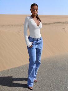 SHEIN BAE Women's Fitted V-Neck Contrast Lace Solid White Long Sleeve Blouse Casual Top - White - View 5