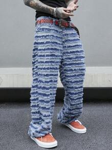 Manfinity Homme Men Ripped Frayed Wide Leg Jeans Without Belt, Plain Jeans Long Baggy Royal Blue Washed Cargo Jeans, For Husband, Boyfriend Gifts - Light Wash - View 3