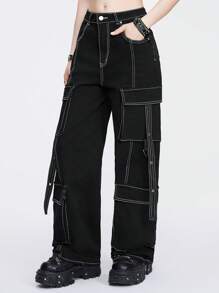 ROMWE Grunge Punk Women's Workwear Denim Jeans With Pockets - Black - View 6