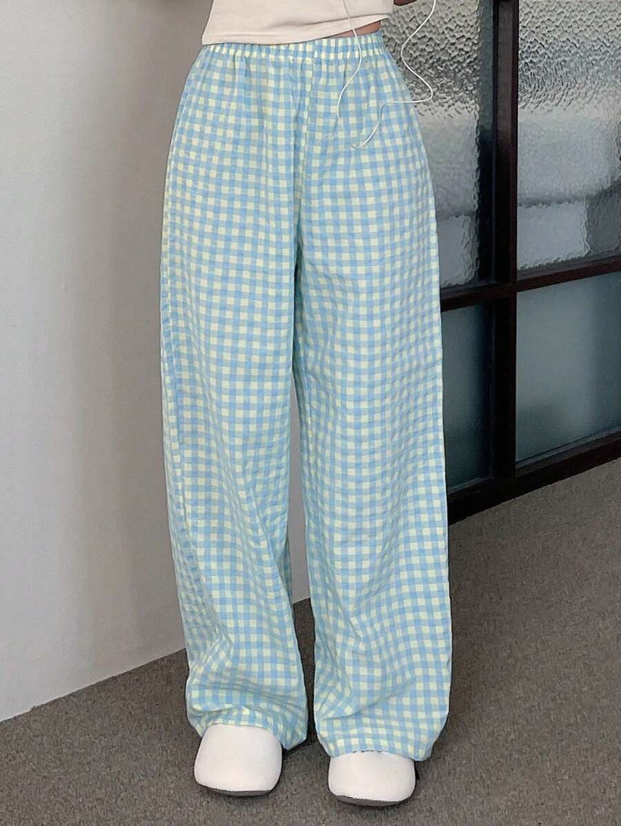 DAZY 简约格纹宽松直筒睡裤，适合秋冬季穿着 - 藍色 - 查看 1