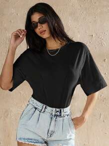 Forever 21 New Summer Casual Round Neck Bodysuit T-Shirt With Aesthetic Design - Black - View 3