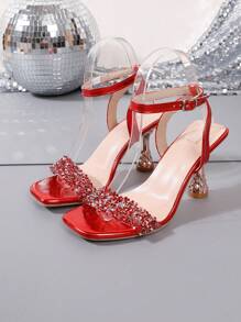 Women's Honeycomb Pattern High Heels, Pointed Toe Transparent Strap With Diamond Buckle, Back Ankle Buckle, Spring/Summer/Fall, Golden Chic Sandals - Red - View 8
