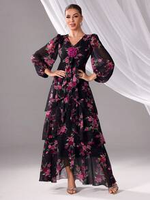Women's V-Neck Floral Print Ruffle Hem Long Sleeve Dress (Random Print)