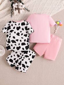 Set de pijama de verano para bebé niña, 4 piezas de ajuste cómodo, bonito patrón de vaca, camiseta y pantalones cortos de manga corta tejidos para el hogar - Rosa Pálido - Ver 2