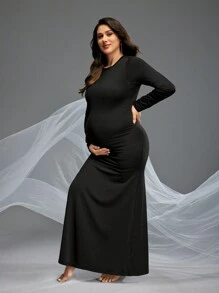 SHEIN Maternity Solid Color Long Sleeve Hollow-Out Slit Dress - Black - View 3