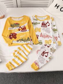 2pcs Young Boy Casual Construction Vehicle Print Striped Snug Fit Long Sleeve Shirt And Pants Pajama Set - Multicolor - View 1