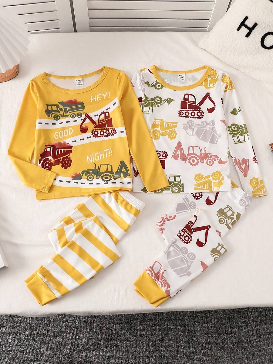 2pcs Young Boy Casual Construction Vehicle Print Striped Snug Fit Long Sleeve Shirt And Pants Pajama Set - Multicolor - View 1