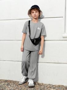 SHEIN Tween Boy Letter Patched Detail Tee & Joggers - Grey - View 3
