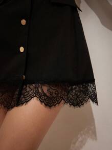 SHEIN Privé Vestido negro elegante y refinado con ribete de encaje y cuello de traje con sentido de diseño - Negro - Ver 4