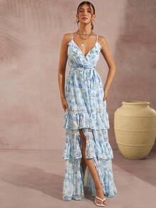 L'Amorae Floral Tiered Ruffle Tie Split Hem Maxi Dress