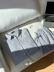 SHEIN EZwear 女式长袖条纹衬衫和裤子两件套 - 藍白色 - 查看 7