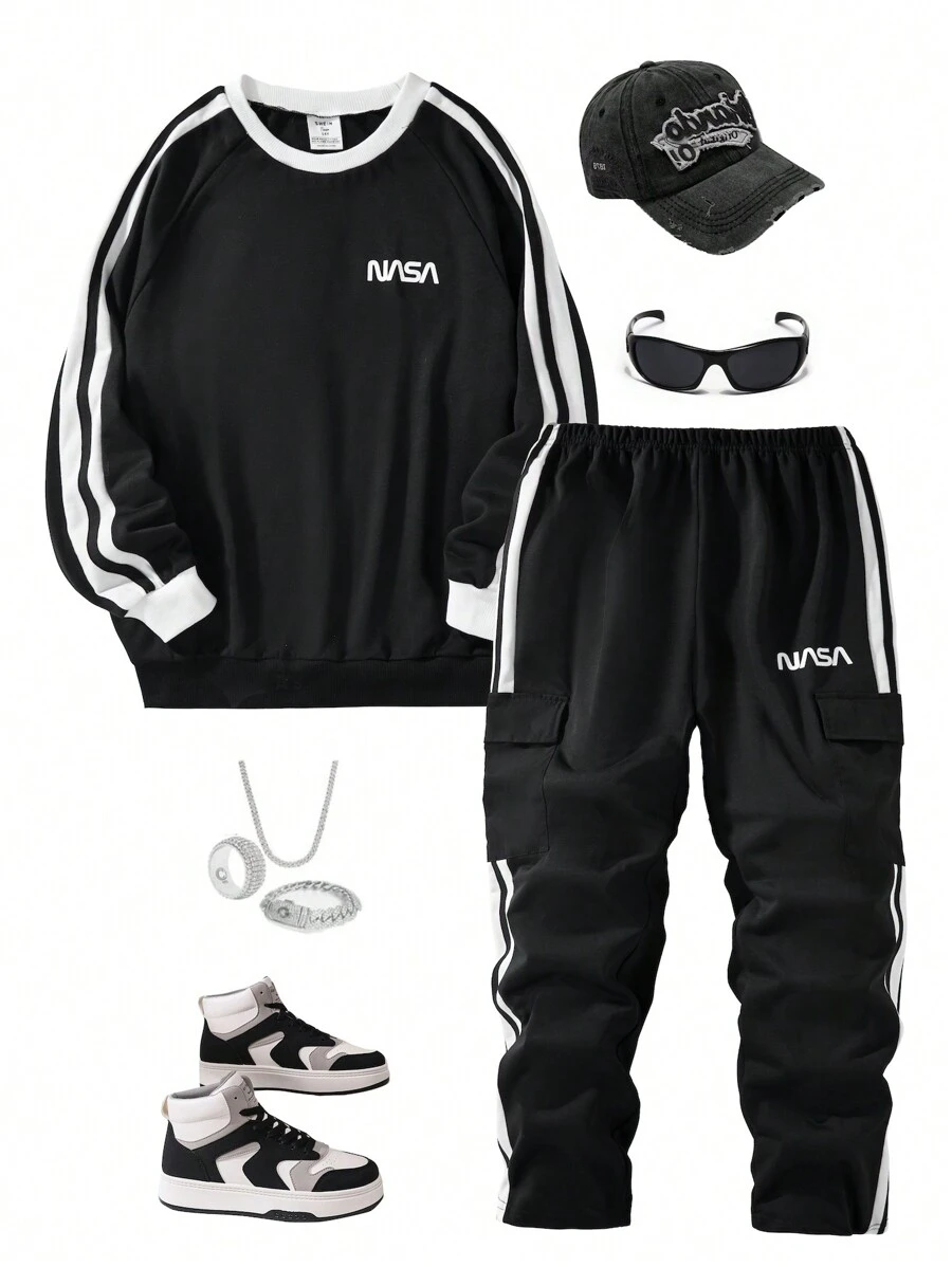 SHEIN Teen Boys' 2pcs Fashionable Sports Printed Outfit - Black - View 1