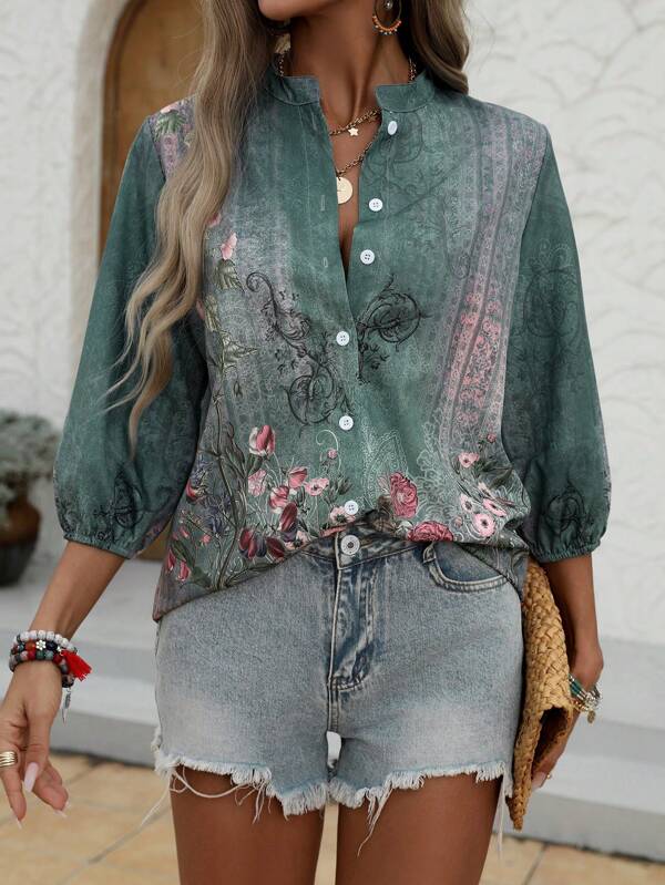 Women's Retro Floral Print Casual Shirt For Vacation