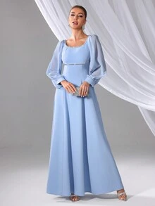 女士圆领长袖收腰夏季连衣裙 - 淺藍色 - 查看 6