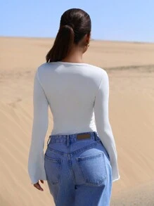 SHEIN BAE Women's Fitted V-Neck Contrast Lace Solid White Long Sleeve Blouse Casual Top - White - View 2