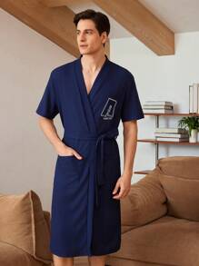 Men Letter Graphic Dual Pocket Belted Robe - Navy Blue - View 4