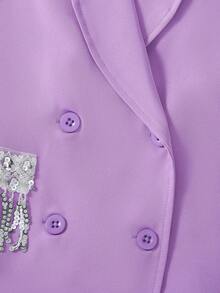 SHEIN 2 piezas Conjunto elegante de niña con chaqueta blazer de manga abullonada decorada con flecos con cuentas y pantalones rectos, adecuado para fiestas, uso diario, ropa de calle y festivales, temporada de primavera y otoño. Usa este conjunto y muestra tu elegancia y confianza, convirtiéndote en la niña talla grande llamativa. - Morado - Ver 8