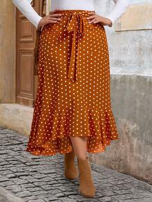 SHEIN VCAY Saia Plus Size vintage com estampa de bolinhas, amarrada na cintura, com base marrom e bolinhas brancas, perfeita para as férias de verão. - Castanho - Visão 5