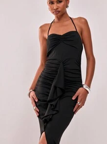 MUSERA Slinky Ruched Frill Maxi Dress Elegant Spring Summer Vacation Party - Black - View 3