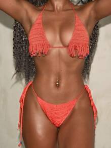 Orange Fringe Hem Halter Cover Up Set Summer - Orange - View 1