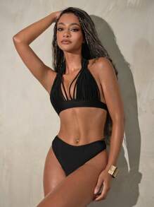Swim SXY 纯色吊带比基尼套装夏季 - 黑色 - 查看 3