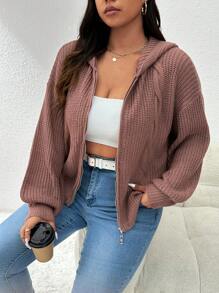 SHEIN Essnce Plus Size Loose Open Cardigan With Twist Flower Design, Drop Shoulder And Hooded, Long Sleeves, For Winter - Redwood - View 12