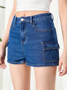 SHEIN Teen Girls Flap Pocket Denim Shorts - Dark Wash - View 6