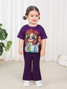 SHEIN 可愛針織卡通圖案夏季短袖彈性腰翻邊褲嬰幼兒女寶裝 - 紫色 - 查看 2