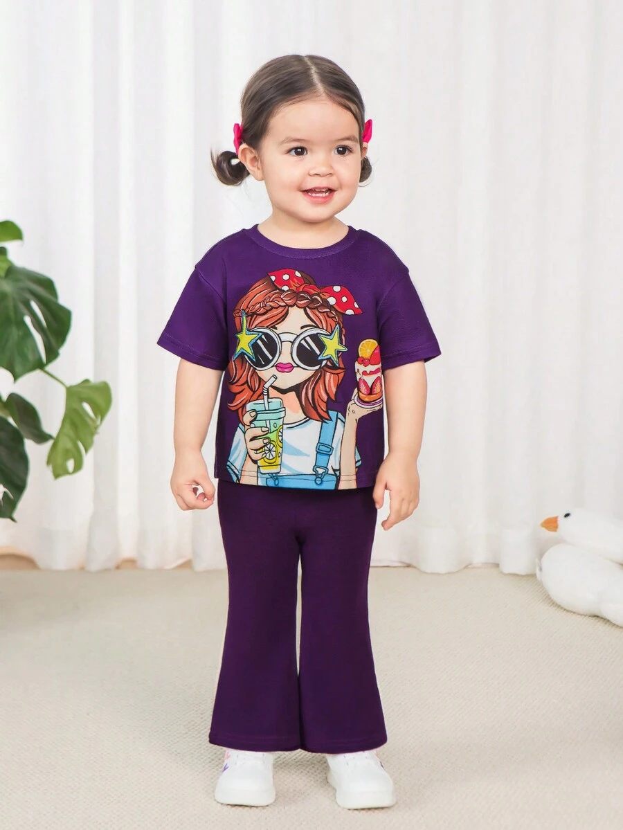 SHEIN 可愛針織卡通圖案夏季短袖彈性腰翻邊褲嬰幼兒女寶裝