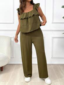 Calvaya Plus Ruffle Trim Top & Wide Leg Pants For Summer - Multicolor - View 4