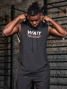 Manfinity Fitness Men Plus Size Slogan Print Drawstring Hooded Sports Tank Top