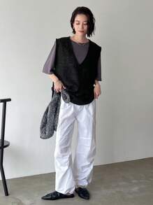 FRIFUL Solid V Neck Sleeveless Blouse Without Tee - Black - View 10