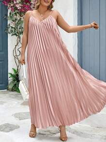 SHEIN Clasi Plus Solid Pleated Swing Cami Dress - Pink - View 5